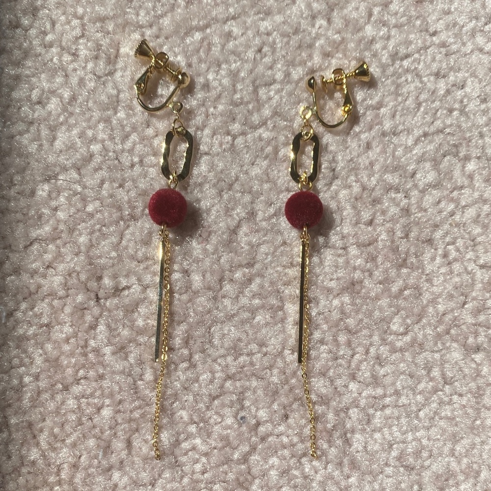 Elegant Gold and Red Drop Clip-On Earrings